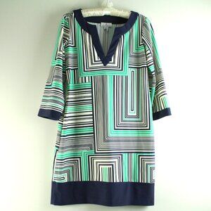 Jude Connally Ivory Navy Trim Green Geometric Print V-Neck 3/4" Sleeve Dress S